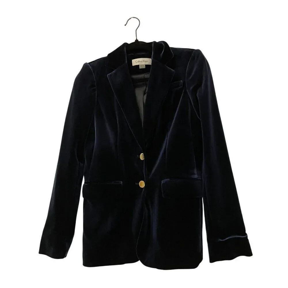 Calvin Klein Womens Blazer Jacket Velvet Size 0 Black Gold Button Formal Party